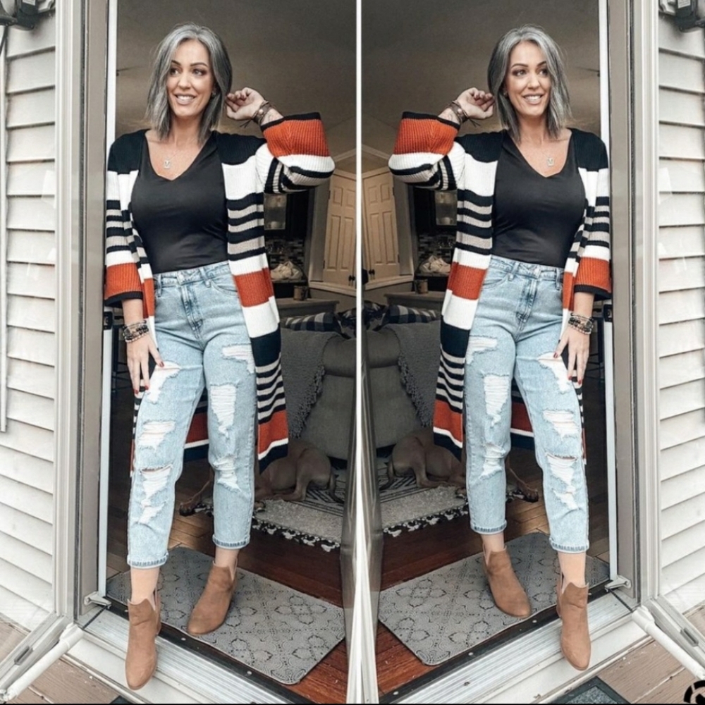 Pink Lily Orange & Black Striped Long Cardigan